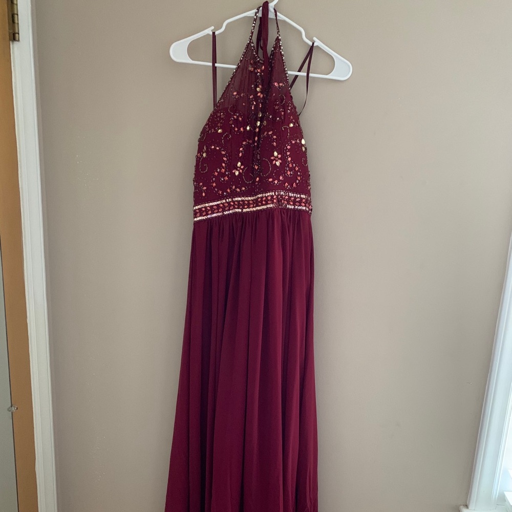 Burgundy Beaded Halter Top Prom Dress (Dillards)